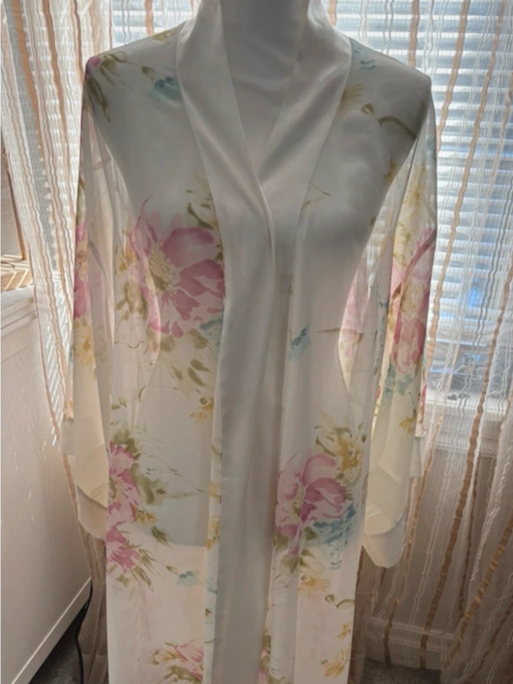 Sheer Floral Satin-Trim Robe - White with Pink & Pastel Flowers